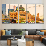 Melbourne Flinders Street Train Station Australia Cityscape Modern Painting Photograph 5 Piece Framed Canvas Wall Art Prints Set For Home Décor