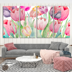 Watercolor Tulips Background Flowers Modern Stretched Painting Pictures 4 Piece Framed Canvas Wall Art Prints Set For Bedroom Wall Décor
