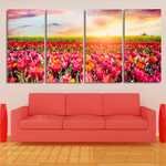 Tulip Flowers Field At Sunset Floral Modern Framed Painting Photograph 4 Piece Canvas Wall Art Set Australia For Drawing Room