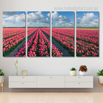 Pink Tulips Floral Modern Framed Painting Photograph 4 Piece Framed Canvas Wall Art Prints Set For Drawing Room