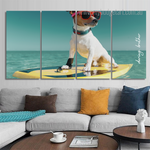 Surfer Dog California Animal Modern Framed Painting Photo 4 Piece Framed Canvas Wall Art Prints Set For Living Room