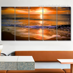 Ocean Waves During Sunset California Naturescape Modern Stretched Painting Image 5 Piece Framed Canvas Wall Art Prints Set For Office Décor