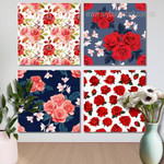Red Rose Flower Seamless Pattern Floral Modern Framed Painting Pictures 4 Piece Wall Art Framed Canvas Prints Set For Living Room