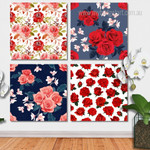 Red Rose Flower Seamless Pattern Floral Modern Framed Painting Pictures 4 Piece Framed Wall Art Canvas Prints Set For Bedroom Wall Décor