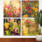 Abstract Colorful Flowers Watercolor Floral Modern Framed Painting Pictures 4 Piece Framed Wall Art Canvas Prints Set For Living Room