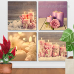 Purple Burning Candles With Flowers Modern Framed Painting Photo 4 Piece Framed Wall Art Canvas Prints Set For Bedroom Wall Décor