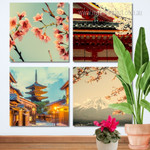 Mount Fuji Japan Landscape Modern Stretched Painting Image 4 Piece Framed Wall Art Prints For Room Decor