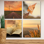 Narrow Road During Sunset Landscape Modern Stretched Painting Photograph 4 Piece Wall Art Framed Canvas Prints Set For Home Decor