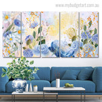 Gold Watercolor Glitter Flowers Floral Modern Stretched Painting Image 5 Piece Framed Canvas Wall Art Prints Set For Drawing Room
