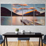 Wooden Jetty By The Lake Canada Landscape Modern Stretched Painting Photograph 4 Piece Wall Art Framed Canvas Prints Set For Drawing Room