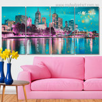 Melbourne Twilight Blue Hour Australia Cityscape Modern Stretched Painting Image 4 Piece Wall Art Framed Canvas Prints Set For Office Décor