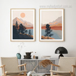 Riverscape Abstract Landscape Nature Scandinavian Stretched Framed Painting Photo 2 Piece Wall Art Set Prints For Room Garniture