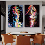 Chromatic Dona Face Figure Abstract Set Picture 2 Multi Panel Watercolor Canvas Print Art Set for Room Wall Ornamentation