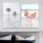 Wild Flamingos Seascape Naturescape 2 Multi Panel Bird Painting Set Photograph Canvas Print for Room Wall Illumination