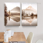 Mount Aqua Reflex Trees Landscape Nature Photograph Scandinavian 2 Piece Set Canvas Print for Room Wall Art Outfit