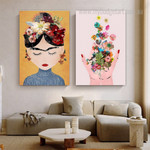 Frida Floral Figure Feminist Art Minimalist Print Stretched Framed Artwork 2 Piece Wall Art for Room Wall Decoration