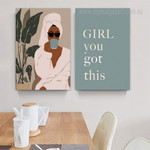 Black Woman Boho Abstract Figure Minimalist Stretched Framed Artwork 2 Piece Canvas for Room Wall Décor