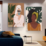 Stylish Women Abstract Figure Botanical Leaves Minimalist Stretched Framed Artwork 2 Piece Sets for Room Wall Garnish