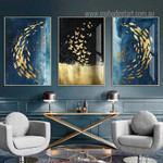 Gold Butterflies Fish Abstract Animal 3 Multi Panel Modern Painting Set Photograph Canvas Print for Room Wall Drape