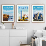 Miami Retro Travel Poster Prints Stretched Framed Artwork 3 Piece Canvas Art for Room Wall Onlay