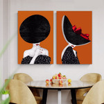 Feme Black Hat Female Modern 2 Multi Panel Fashion Painting Set Photograph Figure Canvas Print for Room Wall Garnish