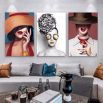 Fashionable Squaw Hat Female Modern 3 Multi Panel Fashion Painting Set Photograph Figure Canvas Print for Room Wall Decoration
