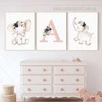 Cute Smiley Elephant Minimalist Animal 3 Multi Panel Wall Hanging Set Art Image Personalised Custom Nursery Canvas Print for Room Flourish
