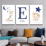 Elephant Stars Giraffe Modern Animal Set Picture 3 Multi Panel Naturescape Nursery Custom Canvas Print Artwork Set for Wall Hanging Trimming