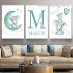 Cute Elephant Heart Stars Animal 3 Multi Panel Naturescape Artwork Set Picture Kids Nursery Canvas Print for Wall Hanging Drape