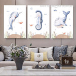 Animated Sea Horse Star Watercolor Photograph Animal 3 Panel Set Kids Nursery Canvas Print for Room Wall Artwork Equipment