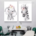 Cute Elephant Baby Calf Minimalist Cheap 2 Multi Panel Animal Wall Art Photograph Kids Nursery Canvas Print for Room Garniture