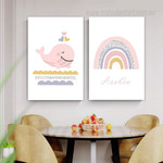 Cute Pink Whale Fish Animal 2 Piece Minimalist Sets Painting Pic Custom Nursery Canvas Prints for Room Wall Drape
