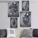 Couple Hug Silver 3D Effect Metal Figure Statue Modern Framed Artwork Image 4 Piece Canvas Print for Home Décor