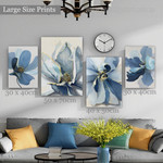 Blue Flowers Modern Floral Abstract Artwork Picture 4 Piece Canvas Art for Room Wall Ornament