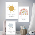 You Are My Sunshine Rainbow Nursery Kids Modern Artwork Picture 3 Piece Canvas Art for Room Wall Ornament