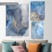 Blue Convoluted Flaws Abstract Stretched Canvas Print 3 Piece Modern Set Photograph for Room Wall Art Ornamentation