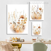 Wild Blossoms Leaflets Flowers Floral Scandinavian Rolled 3 Multi Panel Minimalist Set Painting Photograph Print on Canvas Home Wall Onlay