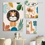 Cute Lion Monkey Giraffe Leaves Nursery 3 Multi Panel Animal Floral Painting Set Photograph Rolled Canvas Print for Room Wall Disposition