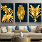 Golden Tropical Leaves Botanical Modern Framed  Painting Pictures 3 Panel Canvas Prints For Living Room Design