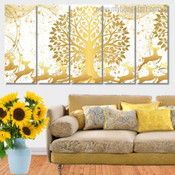 Golden Tree Landscape Modern Stretched Painting Image 5 Piece Framed Canvas Wall Art Prints Set For Room Decor