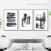 Brush Strokes Abstract Modern Artwork Black and White 3 Piece Canvas Prints for Room Wall Ornament