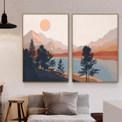 Mountain Scenery Abstract Landscape Boho Minimalist Framed Stretched Artwork 2 Panel Wall Art for Room Wall Décor