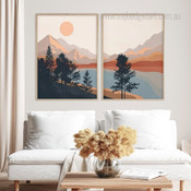 Mountain Scenery Abstract Landscape Boho Minimalist Framed Stretched Artwork 2 Piece Canvas Prints for Room Wall Garniture