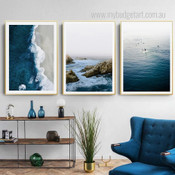 Sea Waves Landscape Modern Framed Stretched Artwork 3 Piece Wall Art for Room Wall Decoration
