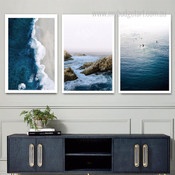 Sea Waves Landscape Modern Framed Stretched Artwork 3 Panel Canvas Prints for Room Wall Ornament
