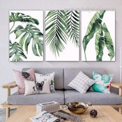 Tropical Leaves Botanical Watercolor Scandinavian Style Framed Stretched Artwork 3 Piece Multi Panel Canvas Prints for Room Wall Garnish