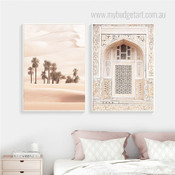 Desert Architecture Landscape Vintage Painting Picture Stretched 2 Piece Canvas Wall Art Prints For Room Garnish