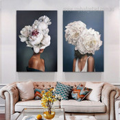 Flowers Head Floral Figure Fashion Style Framed Stretched Artwork 2 Panel Canvas Prints for Room Wall Spruce