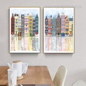 Colourful City Abstract Watercolour Cityscape Artwork Picture Stretched Framed 2 Piece Canvas Wall Art Prints For Room Ornamentation