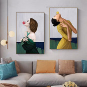 Young Girls Figure Fashion Modern Stretched Framed Painting Picture 2 Piece Wall Art Set Prints For Room Outfit